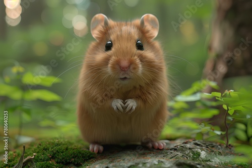 A hamster standing on a rock in the woods