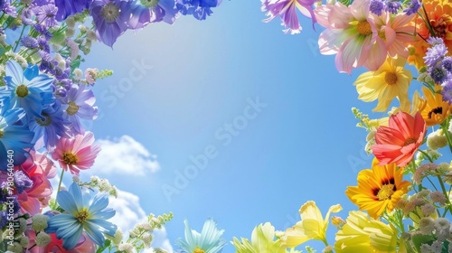Circular frame of colorful flowers against blue sky background, nature beauty concept for design