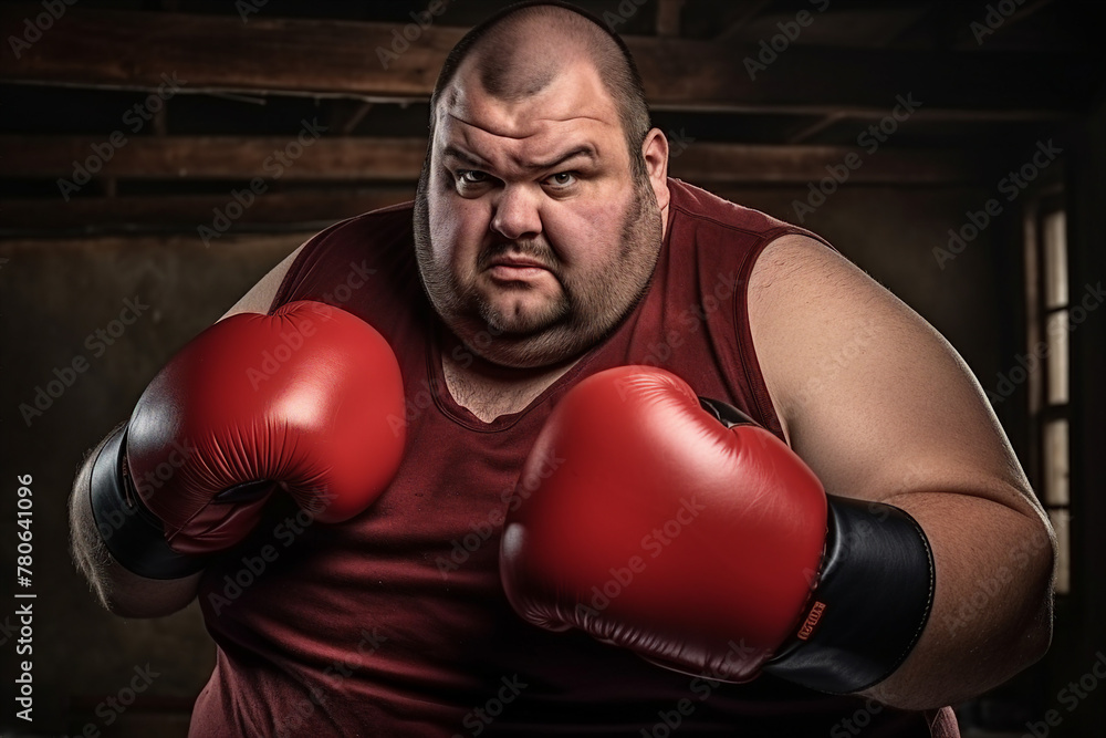 Generative AI image of bodypositive boxer with determined look in eyes wearing a boxing gloves