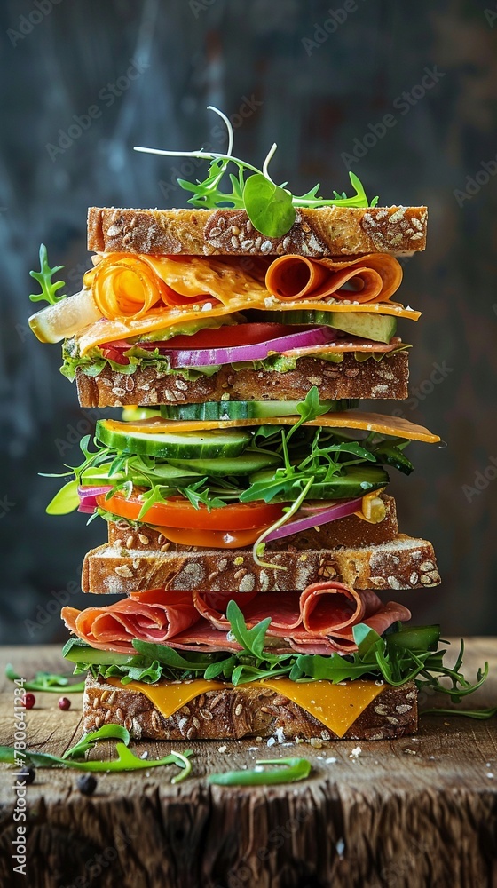 Floating layers of a gourmet sandwich, artisan bread, crisp vegetables, deli setting. Floating layers of a gourmet sandwich, artisan bread, crisp vegetables, deli setting.