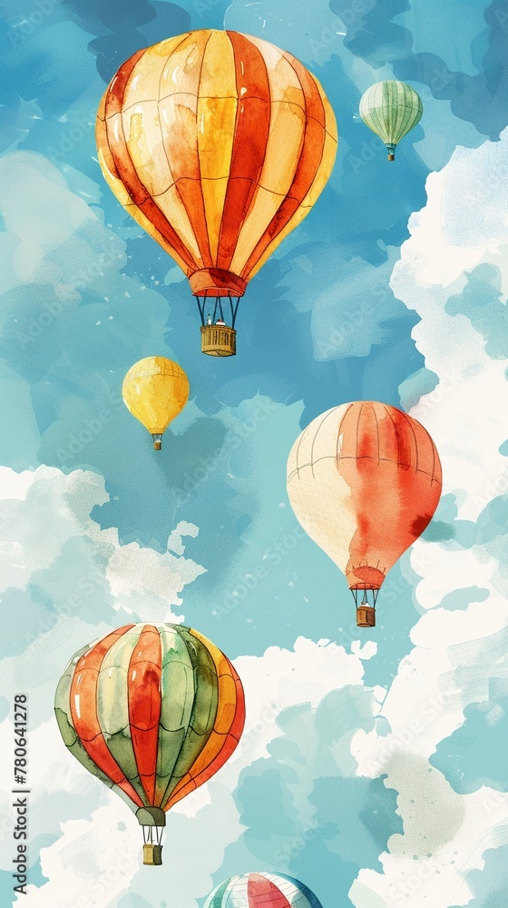 Fototapeta premium Hand-drawn watercolor, colorful balloon festival, high angle, retro vibe.