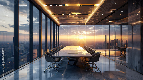 City Sunset Through Window in Interior Room with View of Architecture and Sea  Featuring Furniture and Light