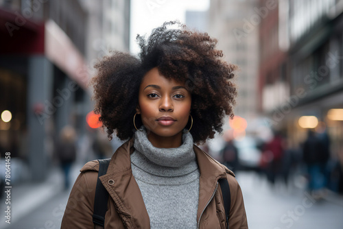 Generated with AI portrait of an middle aged afro woman in the city