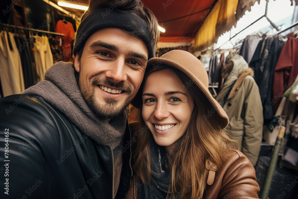 AI generated picture of cheerful happy loving couple walking city street together AI generated picture of cheerful happy loving couple walking city street together