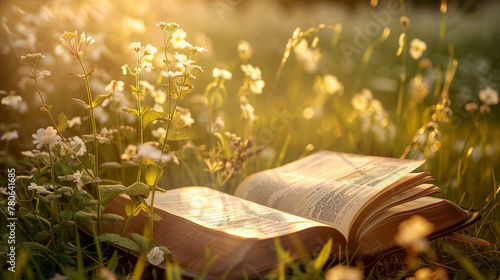 A serene meadow setting with a holy bible in the background, photo