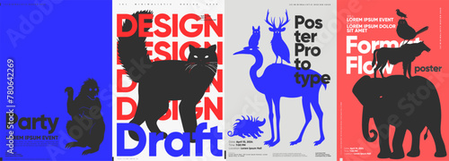 A series of four minimalist posters featuring silhouettes of animals with bold typography photo