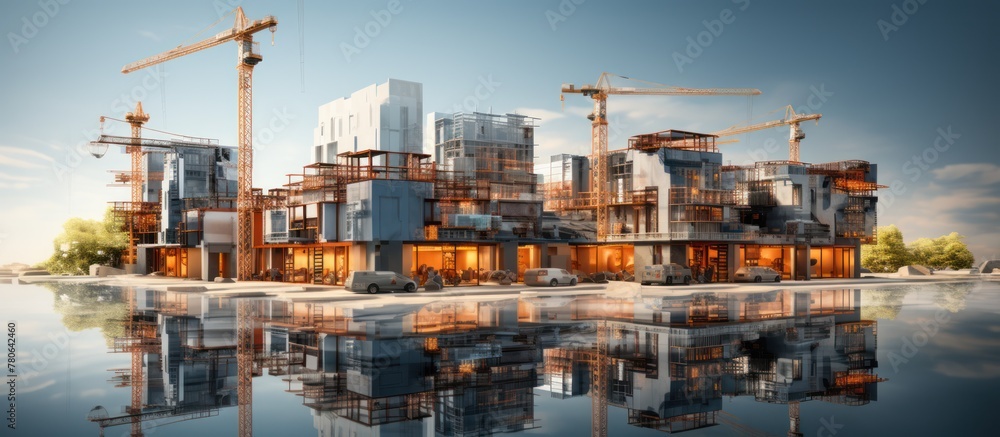 3d illustration Architectural building construction project, concept of city infrastructure development by architects
