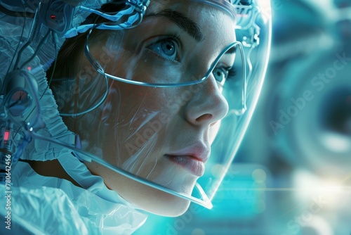 Futuristic female robot medic, close-up face