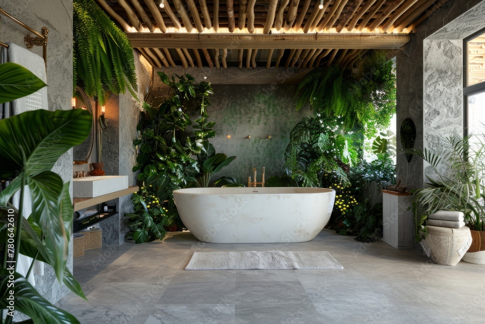 Large bathroom with white bathtub surrounded by plants Large bathroom with white bathtub surrounded by plants