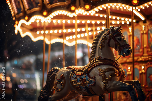 Carousel horse at the amusement park in the night made with generative AI