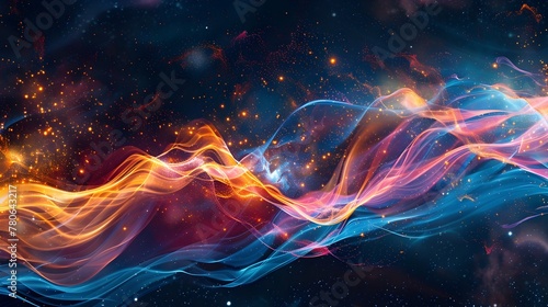 Cosmic Symphony of Vibrant Music Waves Merging with Celestial Stars in a Surreal Digital Visualization