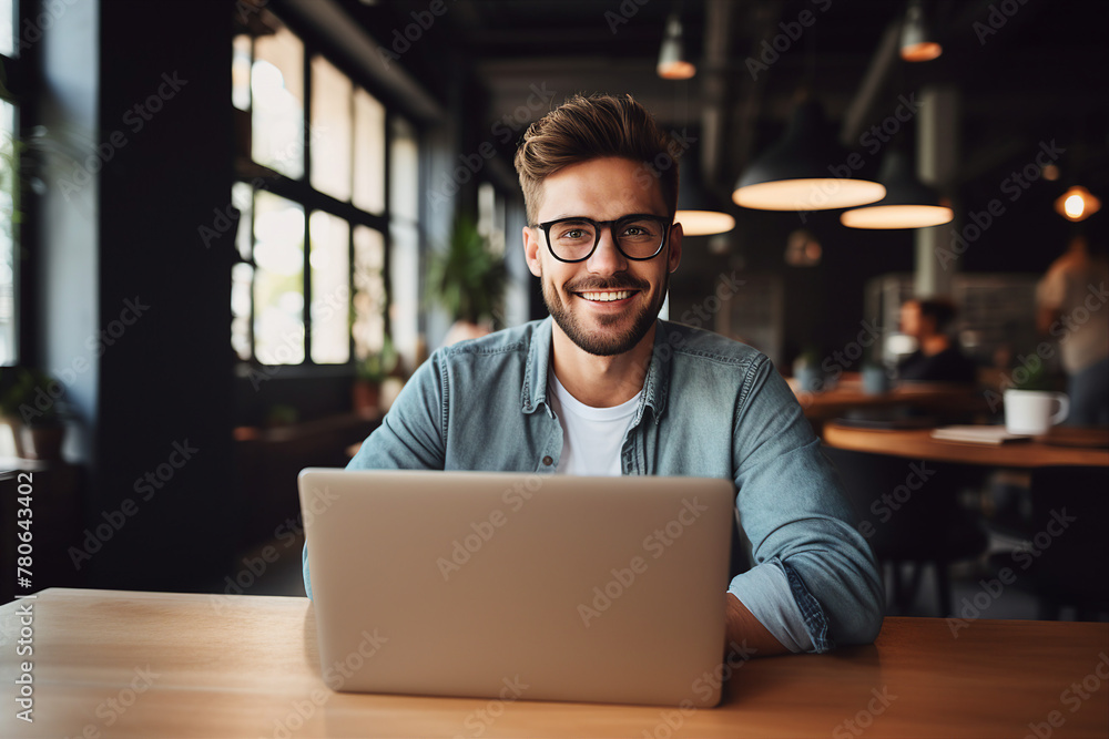Generative AI photo of smiling handsome man teacher in cafe Generative AI photo of smiling handsome man teacher in cafe