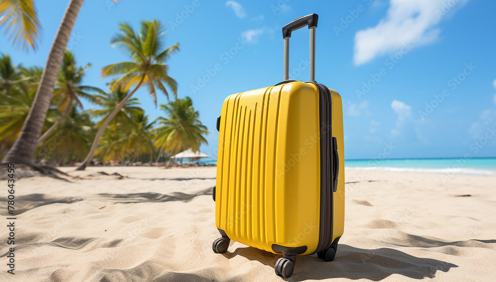 Suitcase on the beach background. Yellow travel luggage on white tropical sand near sea ocean. Summer holidays. Vacations trip. Summertime journey trip. Travel agency. Honeymoon weekend. Travel bag