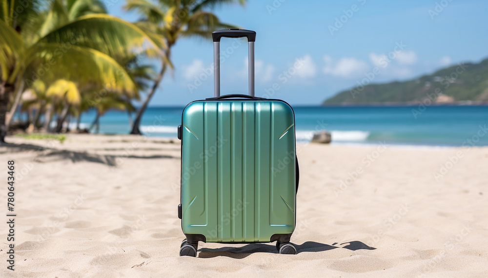 Suitcase on the beach background. Mint color travel luggage on white tropical sand near sea ocean. Summer holidays. Vacations trip. Summertime journey. Travel agency. Honeymoon weekend. Travel bag Suitcase on the beach background. Mint color travel luggage on white tropical sand near sea ocean. Summer holidays. Vacations trip. Summertime journey. Travel agency. Honeymoon weekend. Travel bag