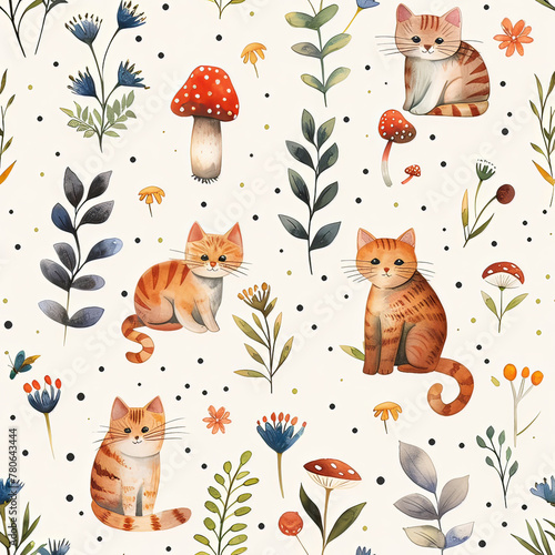 Lovely, pretty watercolor seamless pattern  of cat and flowers, leaves, mushrooms. For fabric, silk, printing.