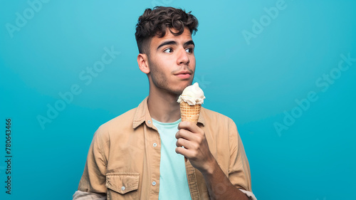 Happy young man enjoying in rolled ice cream