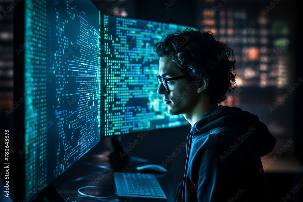 Hard working person in modern interior office programming writing web java script code AI technology generation Hard working person in modern interior office programming writing web java script code AI technology generation