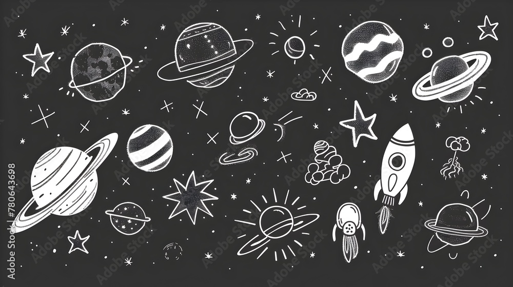 Whimsical Hand-Drawn Doodles of Playful Cosmic Wonders and Celestial