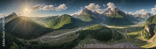Panorama view of mountain in hot summer, landscape with sun ray