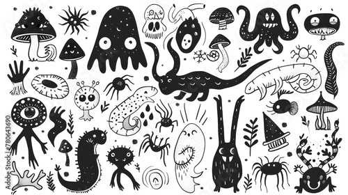 Whimsical Collection of Enchanting Fantasy Creatures in Hand-Drawn Doodle Style