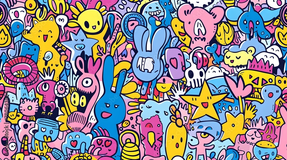 Lively Whimsical Doodles in a Vibrant Seamless Pattern Showcasing Colorful Characters and Playful Shapes