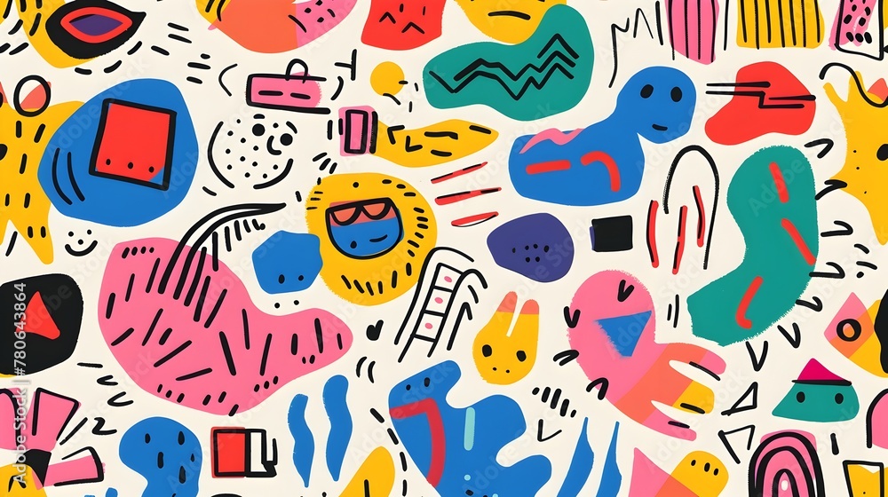 Vibrant Playful Doodles in Seamless Colorful Abstract Pattern for Energetic Designs and Creative Visuals
