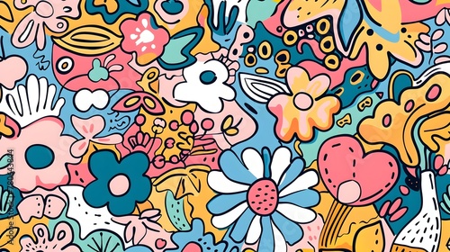 Whimsical and Vibrant Doodle Pattern Filled with Organic Shapes and Bursts of Color