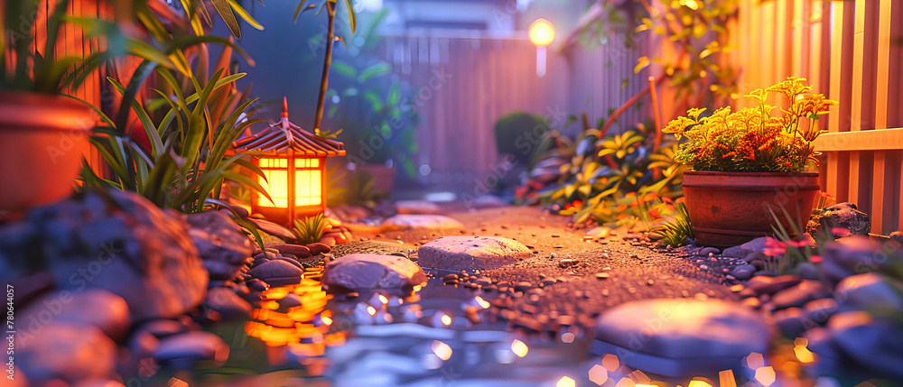 Tranquil Japanese Garden at Night, Traditional Asian Lanterns Illuminating Pathways, Offering Peaceful and Cultural Beauty Tranquil Japanese Garden at Night, Traditional Asian Lanterns Illuminating Pathways, Offering Peaceful and Cultural Beauty