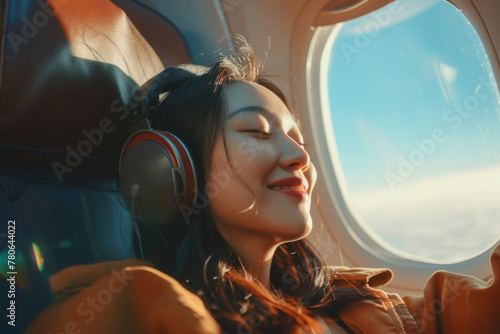 Smiling young asian woman wearing headphones and listening to music on airplane during flight