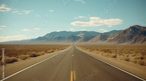 empty road stretching into the distance with a picturesque view of the desert, American desert road background, cinematic
