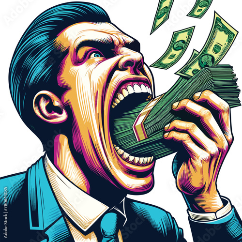 Adobe Illustrator Artwork vector illustration featuring a man with a large mouth, voraciously consuming money


