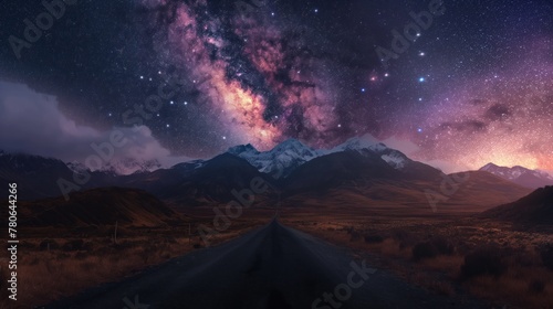 A road leading to distance in a mountain valley with a milky way photo