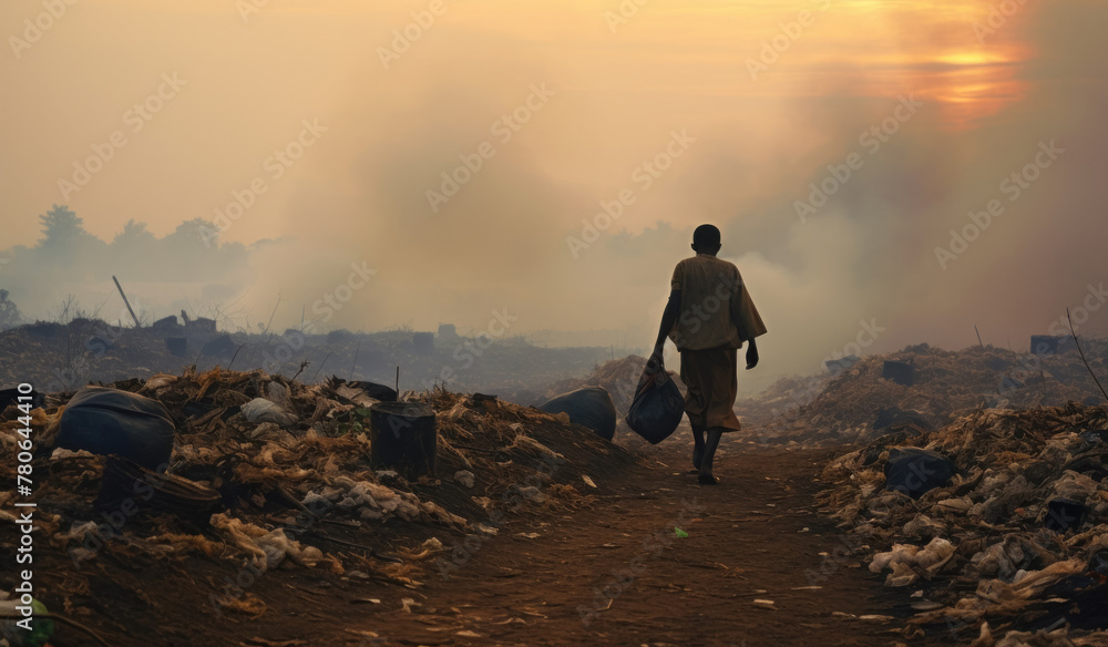 man walks through a landfill, household waste dump, recycling, environment