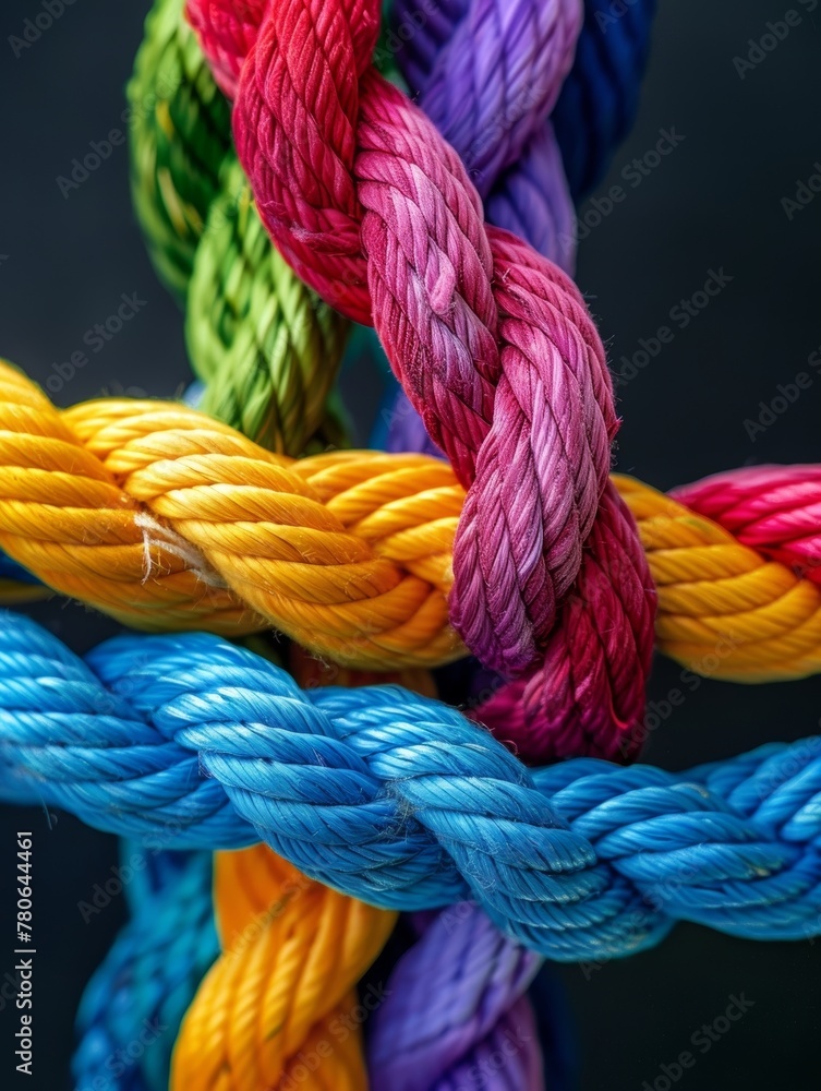 Crossed braided ropes in a mix of lively colors create a dynamic and textured visual, perfect for design and art concepts. Crossed braided ropes in a mix of lively colors create a dynamic and textured visual, perfect for design and art concepts.