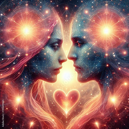 Twin flame couple. Soulmates. The concept of magical, esoteric, tantric, spiritual love. Connection between souls. Illustration for websites and much more. Created using generative ai tools.