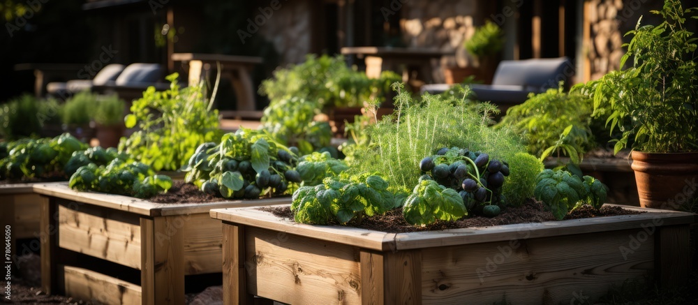 Wooden raided beds in modern garden growing plants herbs spices vegetables Wooden raided beds in modern garden growing plants herbs spices vegetables