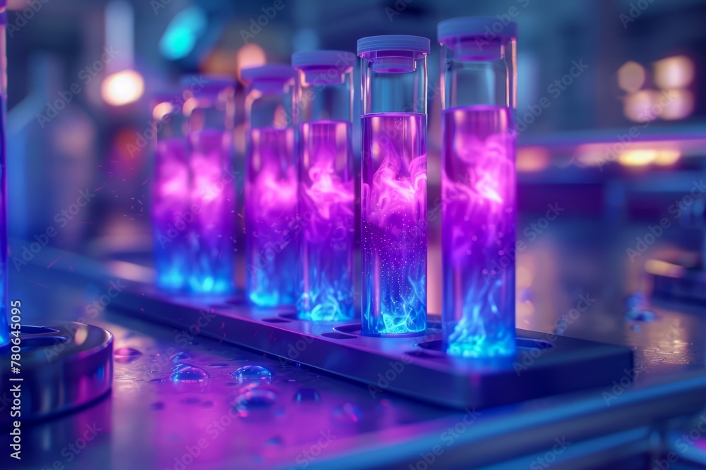 Vibrant Glowing Purple Liquid in Test Tubes on Laboratory Workspace with Bokeh Background Vibrant Glowing Purple Liquid in Test Tubes on Laboratory Workspace with Bokeh Background