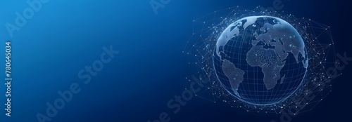 Abstract connected trading world technology background. Abstract business trading concept in lines, connected dots technology style. Business blue background with blank space for text
