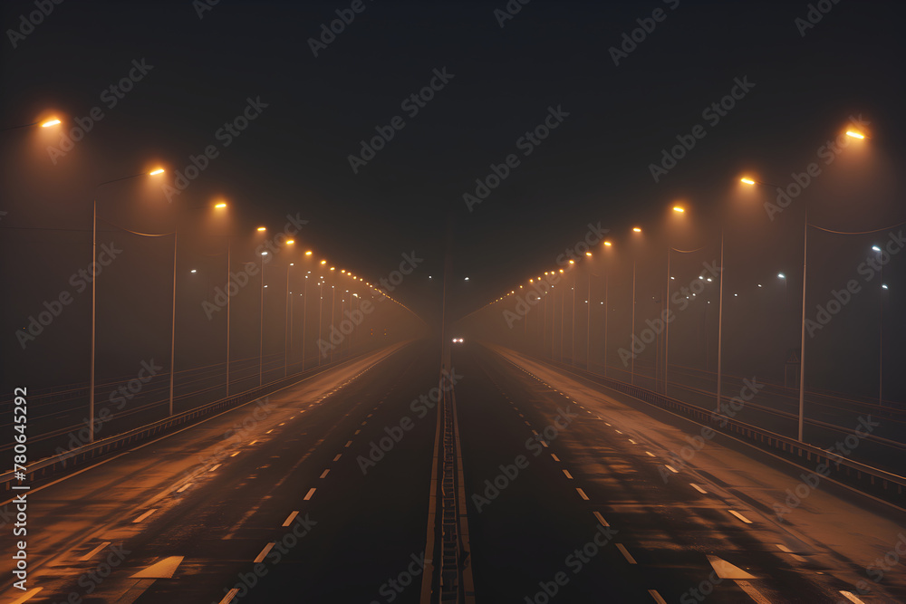 Misty night on an empty highway with glowing streetlights leading into the distance, creating a mysterious and moody atmosphere.