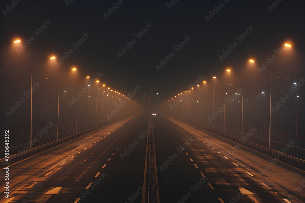 Misty night on an empty highway with glowing streetlights leading into the distance, creating a mysterious and moody atmosphere. Misty night on an empty highway with glowing streetlights leading into the distance, creating a mysterious and moody atmosphere.