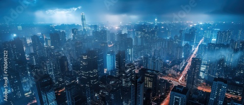 Dramatic view of a city skyline at night