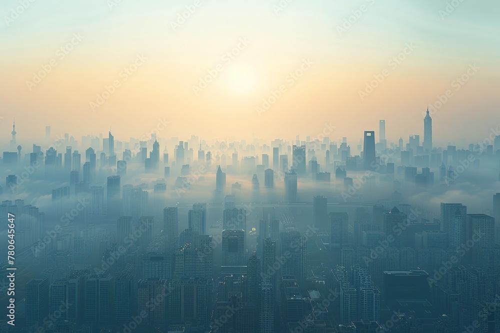Problem of air pollution, full of small dust and PM 2.5 that affect health. Hazy dawn light illuminates city, buildings emerge like islands in mist sea, serene yet haunting view of urban awakening.