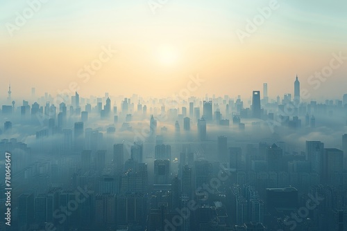 Problem of air pollution, full of small dust and PM 2.5 that affect health. Hazy dawn light illuminates city, buildings emerge like islands in mist sea, serene yet haunting view of urban awakening.