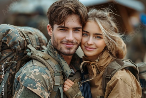 A happy young military couple in camouflage gear embracing each other with backpacks