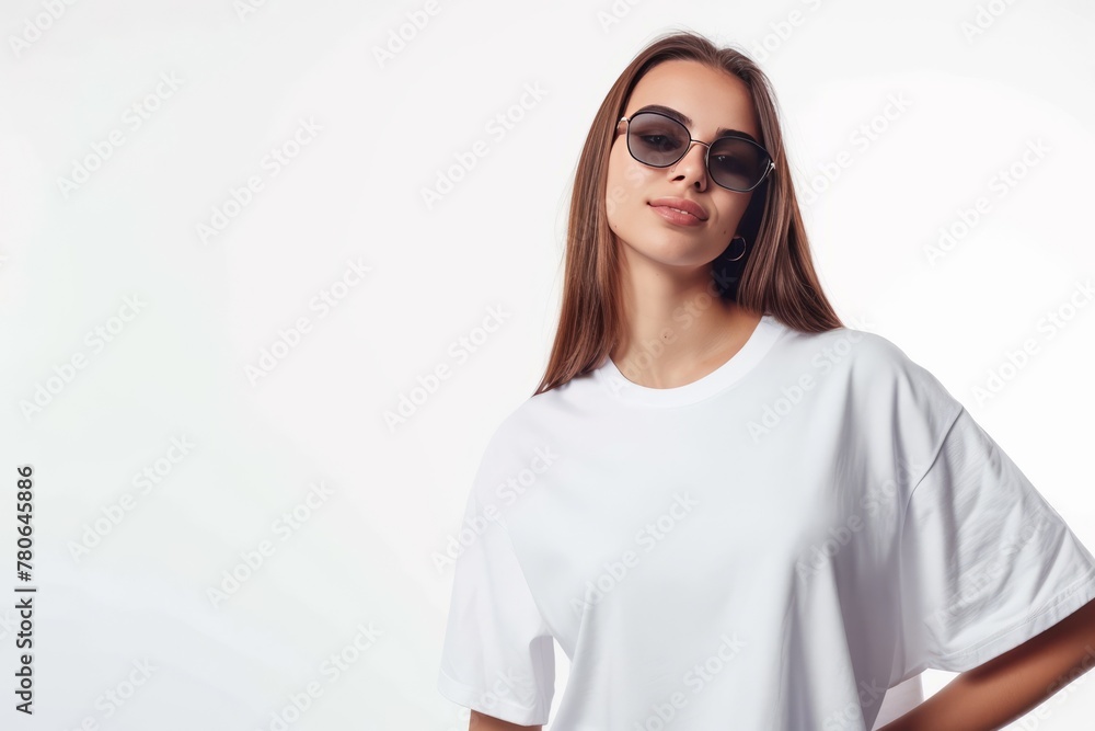 A young woman in a white t shirt on a white background. A young woman in a white t shirt on a white background.