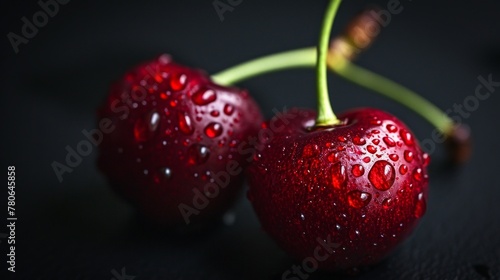 water drops on red cherries on a black background