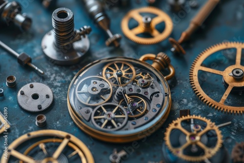 Gears and cogs in clockwork watch mechanism. Watch repair and horologists instruments