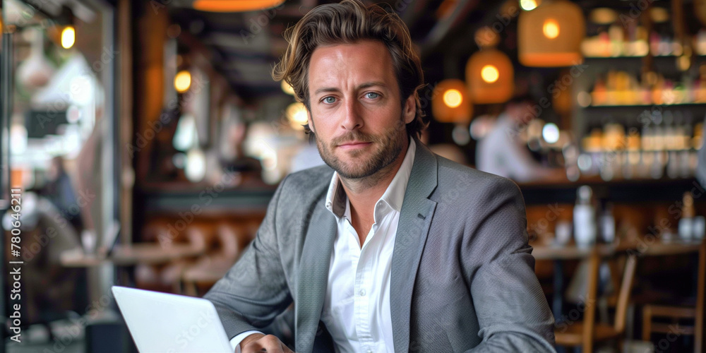 Portrait of handsome Businessman with laptop in cafe Portrait of handsome Businessman with laptop in cafe