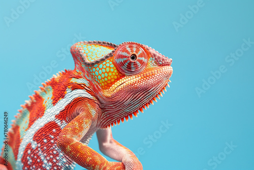Chameleon posing  studio photo  full body  on a blue color background