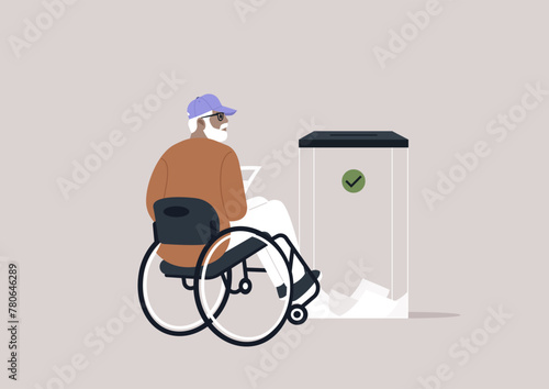 A Citizen Casting Vote at Accessible Ballot Box, A determined voter in a wheelchair engages in democracy by submitting a ballot